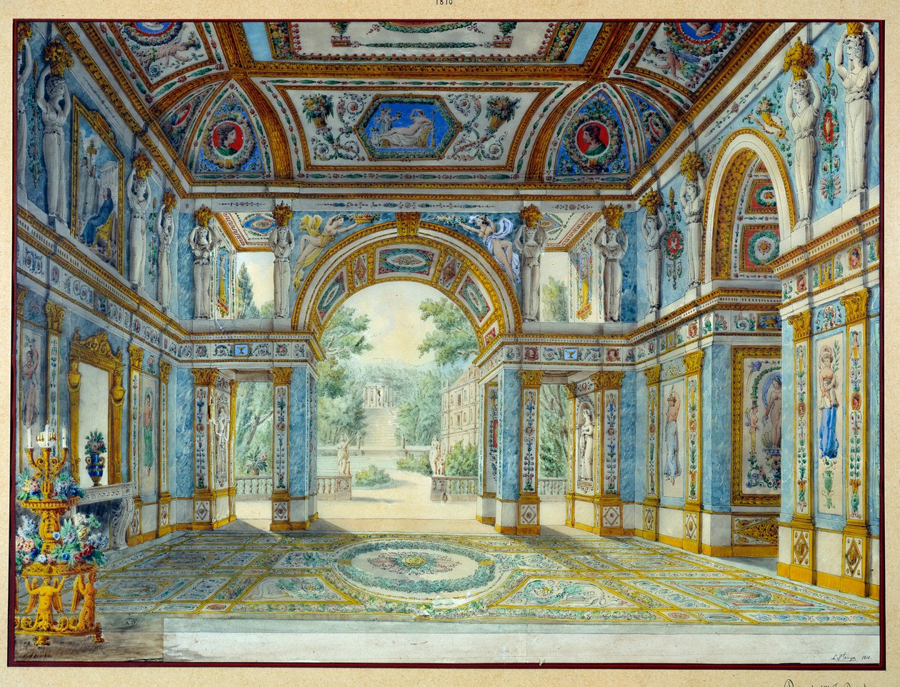Portik av ett palats som vetter mot en park. Gravyr av Louis De Saint Ange (1780-1831) av Louis de Saint Ange Desmaisons