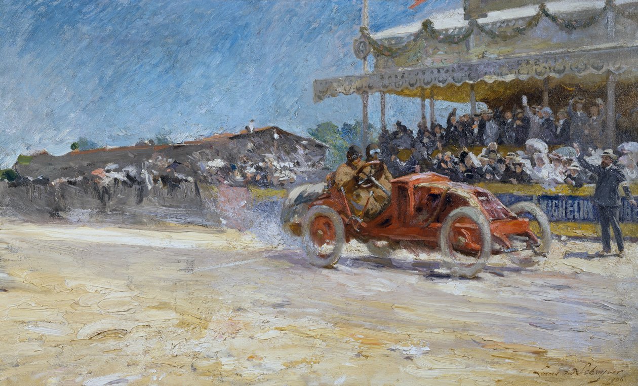 Första Grand Prix av Automobile Club de France 1906, ankomst av vinnare, Compiegne, Frankrike, målning av Louis-Marie de Schryver (1862-1942) av Louis de Schryver