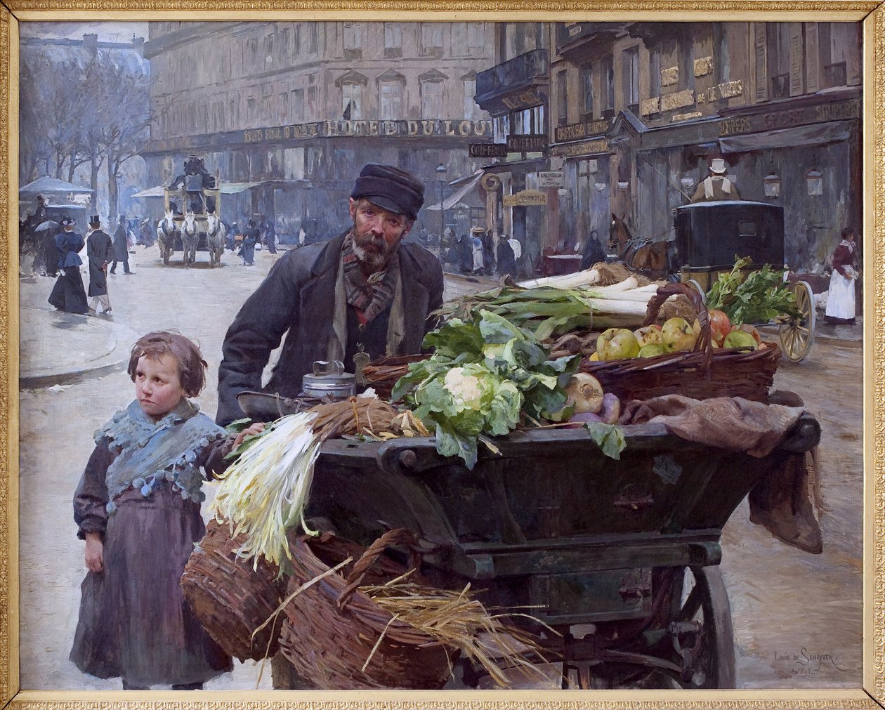 De fyra årstidernas köpman i Paris. Bakom honom, Hotel du Louvre (1:a arrondissement) målning av Louis Marie de Schryver (1862-1942), olja på duk av Louis de Schryver