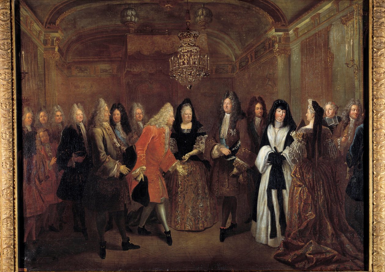 Kung Ludvig XIV (1638-1715) tog emot prins Frederic Augustus av Sachsen av Elizabeth Charlotte d