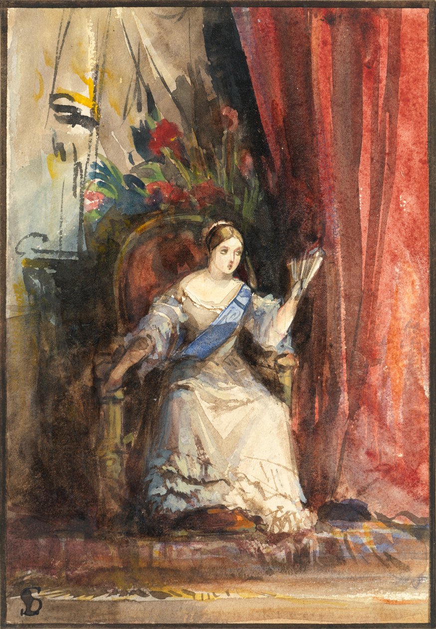 Drottning Victoria vid hovet, 1838 (wc med gummi arabicum) av Louisa Anne Waterford