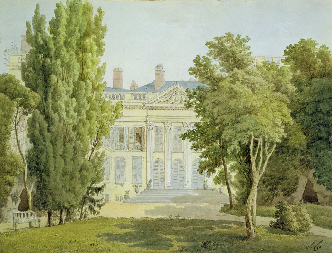 Utsikt över Maison de la Reine, Paris, 1811 (svart krita och wc på papper) av Louise Cochelet
