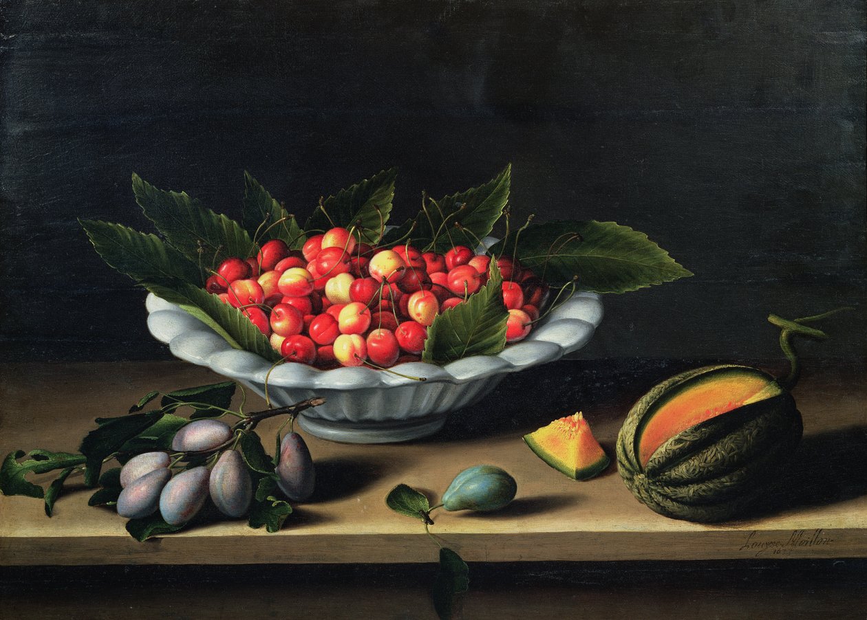 En skål med körsbär med plommon och en melon, 1635 av Louise Moillon