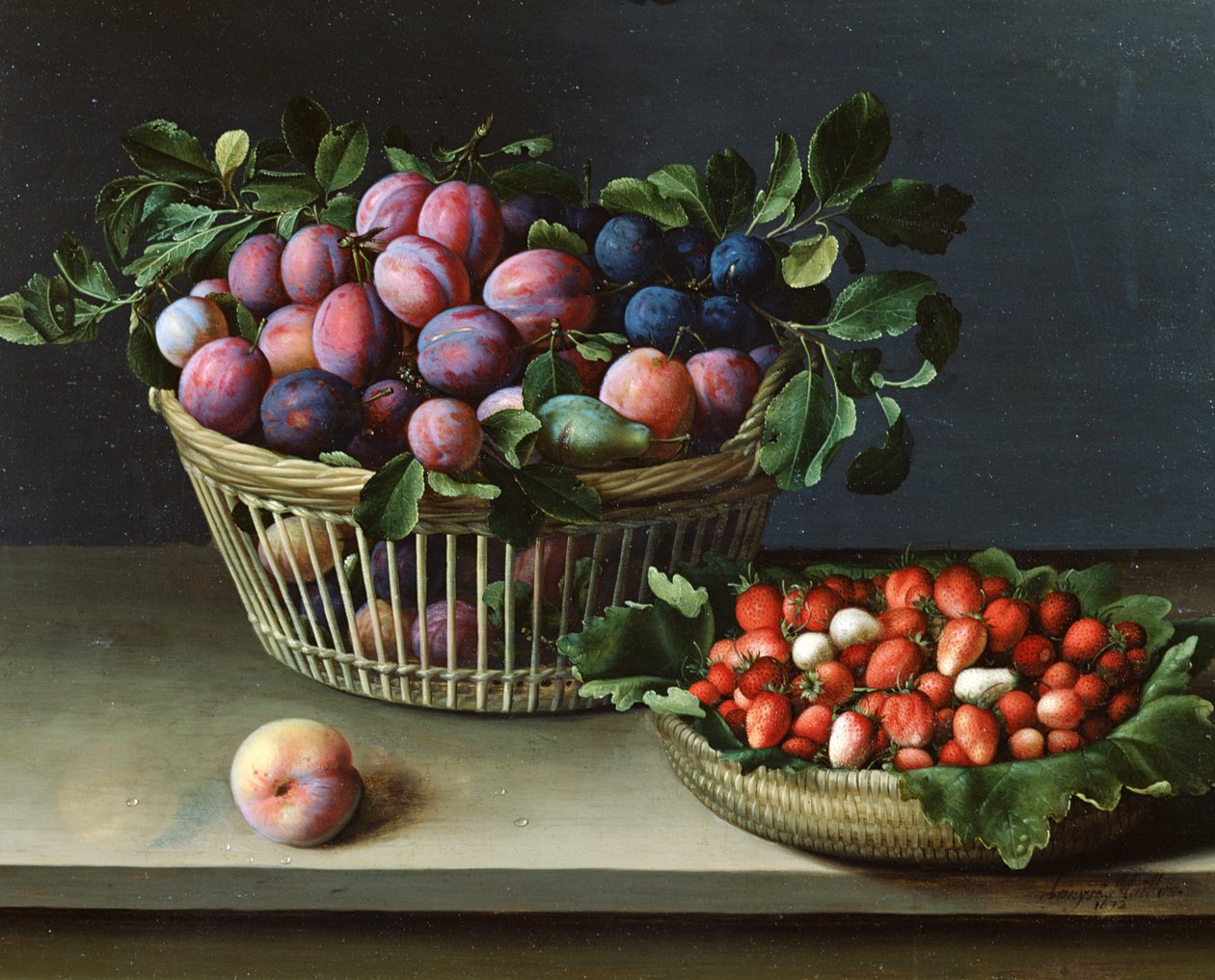 Korg med plommon och korg med jordgubbar, 1632 av Louise Moillon