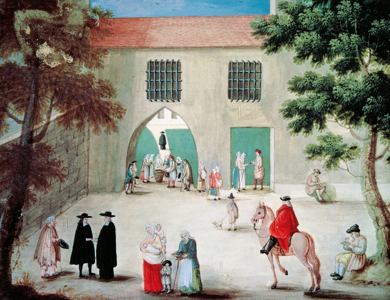 Att hjälpa fattiga framför klostret Port-Royal des Champes, av Louise-Magdeleine Hortemels (1688-1767), gouache, Frankrike av Louise Magdeleine Hortemels
