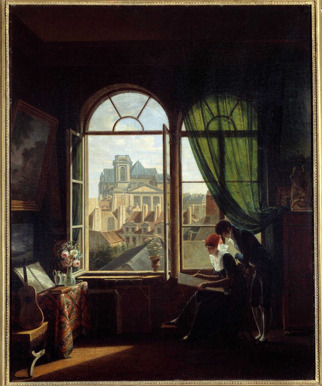 Konstnärsinredning med utsikt över fasaden av LeGlise Saint Eustache i Paris”” Målning av Louise Adeone Drolling (1797-1831) 1800-talssön. 0,72x0,58 m Paris, Musee Carnavalet av Louise Adeone Drolling