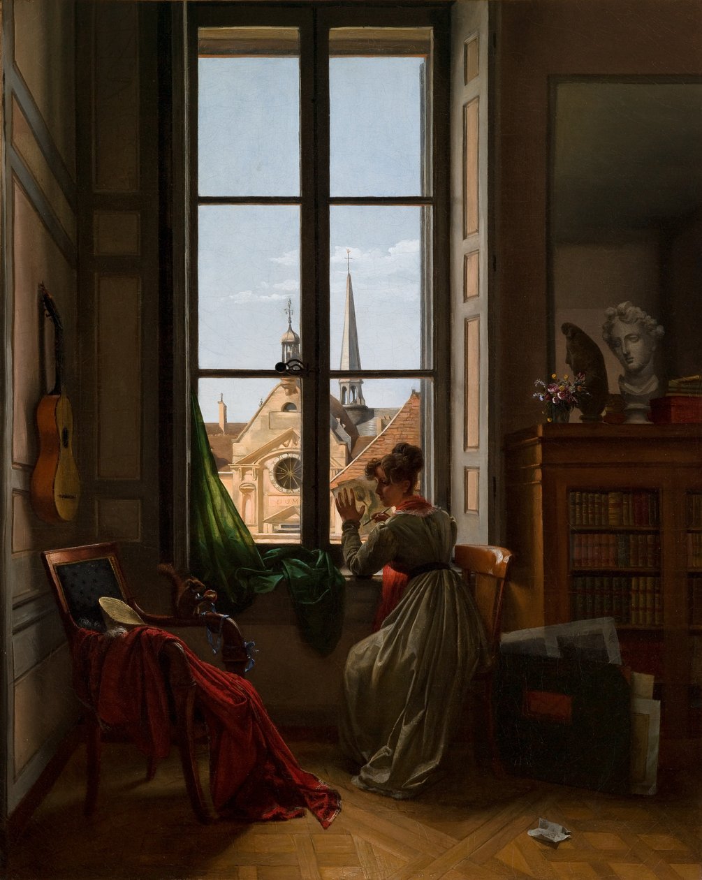 Interiör med ung kvinna som tecknar en blomma, ca 1820-22 (olja på duk) av Louise Adeone Droelling