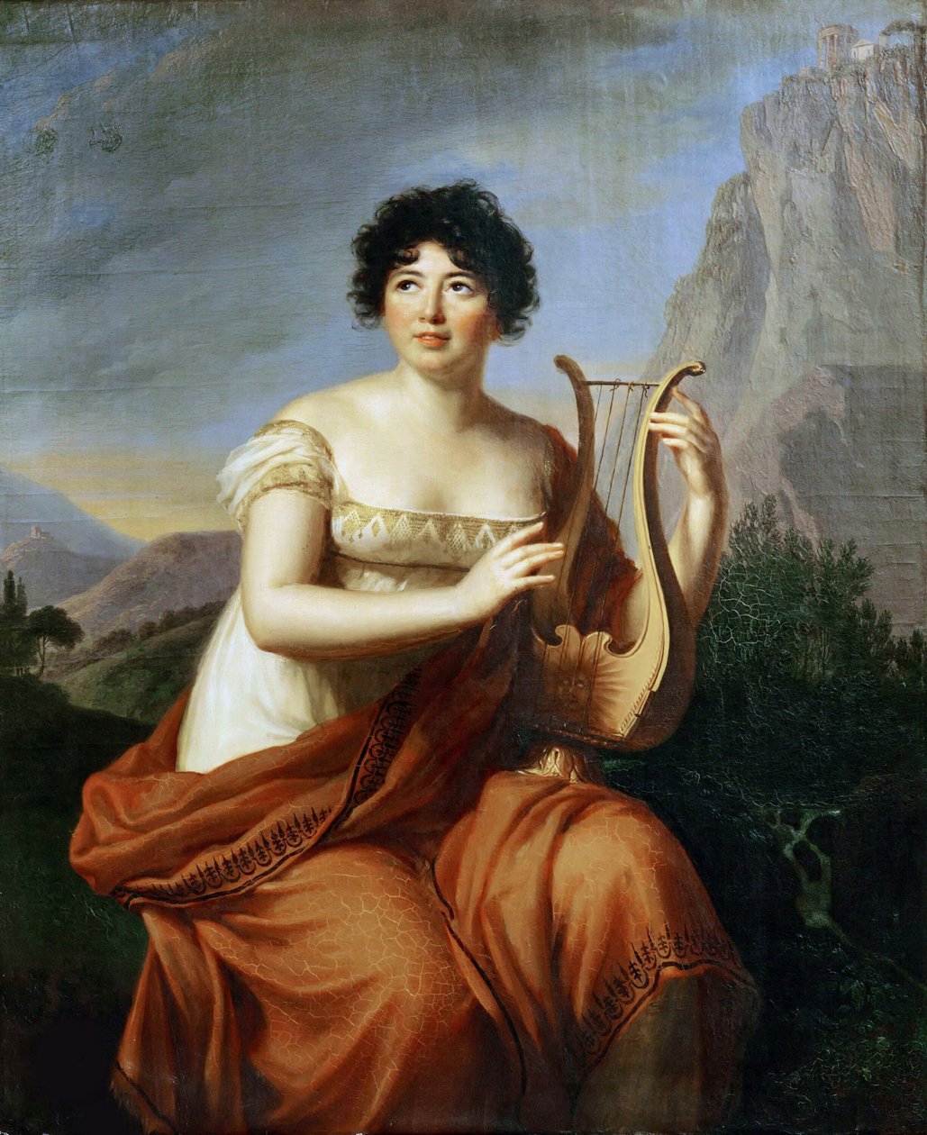 Porträtt av författaren friherrinnan Anne Louise Germaine de Staël 1766-1817 som Corinne, 1807. av Elisabeth Louise Vigee Lebrun