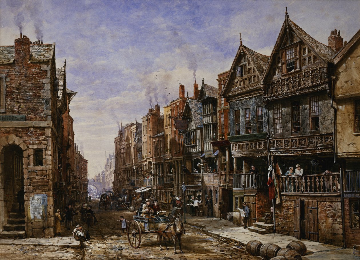 Chester: Watergate Street från Corner of Crook Street, med Eastgate Beyond, av Louise Ingram Rayner