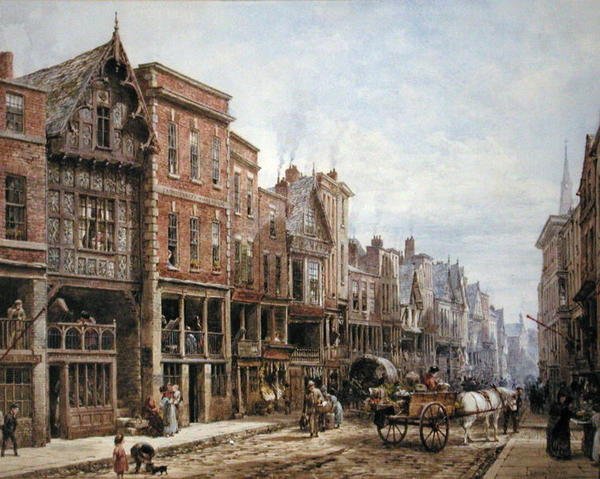 Watergate Street, Chester (akvarell med kroppsfärg på papper) av Louise Ingram Rayner
