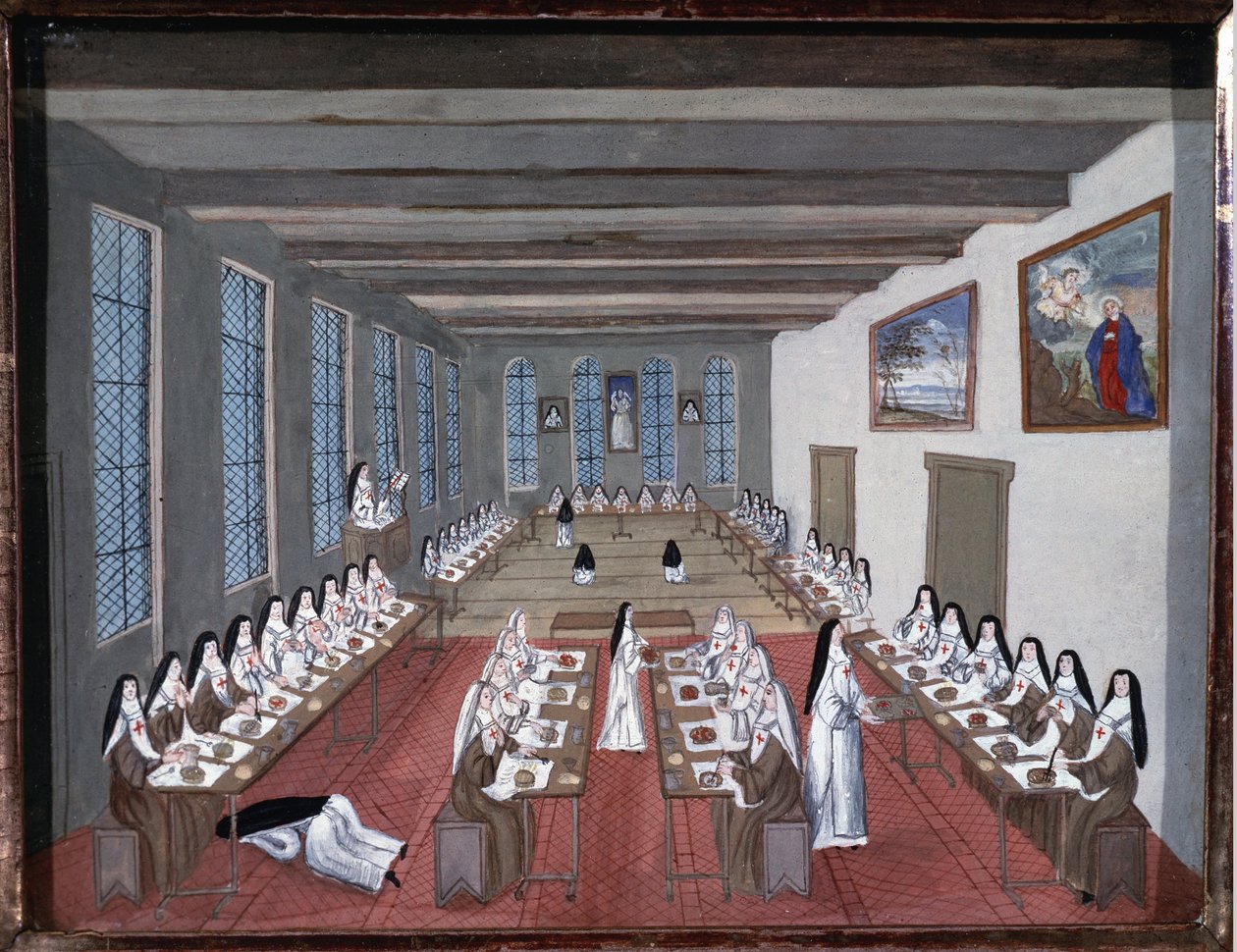 Nunnor i matsalen i Abbey of Port-Royal-des-Champs (Gouache av Louise Madeleine Cochin