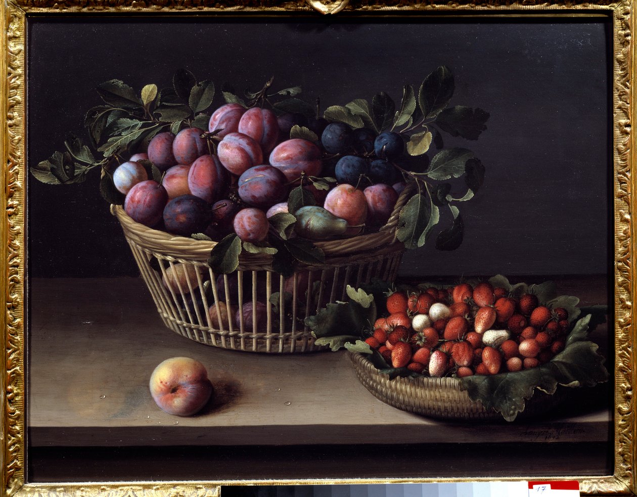 En persika, jordgubbar och en fruktkorg Målning av Louise Moillon (1610-1696) Toulouse från 1600-talet, Musee des Augustins av Louise Moillon