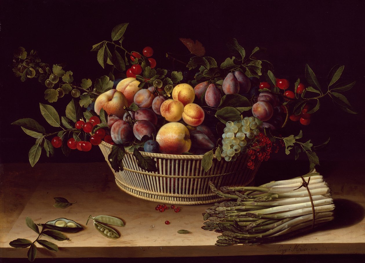 Stilleben med en fruktkorg och ett knippe sparris av Louise Moillon
