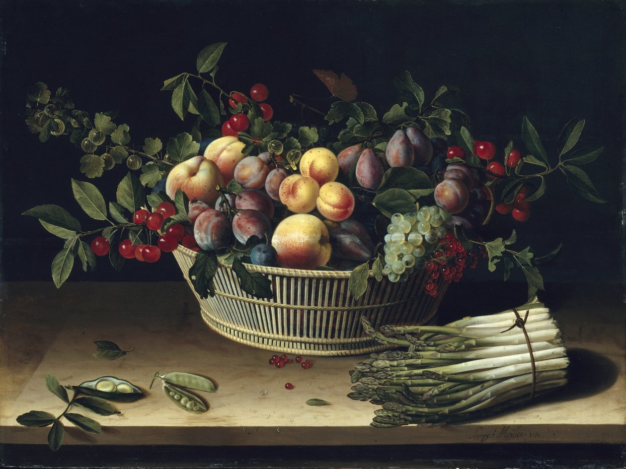 Stilleben med en fruktkorg och ett gäng sparris, 1630 av Louise Moillon