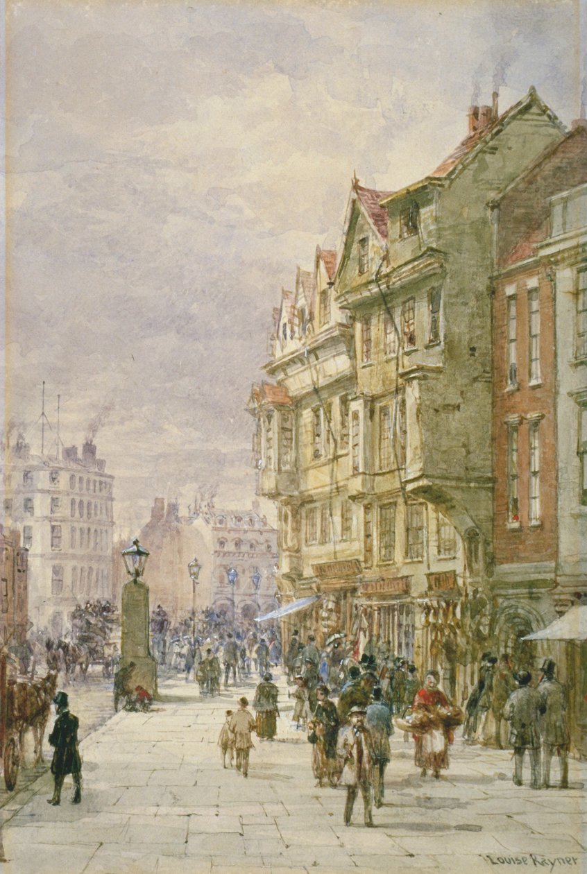 Utsikt österut längs Holborn med figurer och hästdragna fordon på gatan, London, 1875 av Louise Rayner