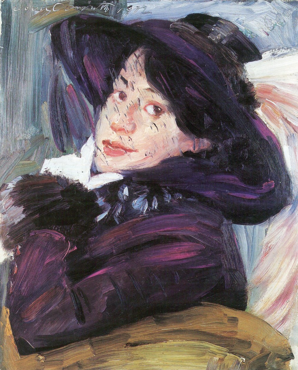  Damenportrat mit lila Hutn av Lovis Corinth