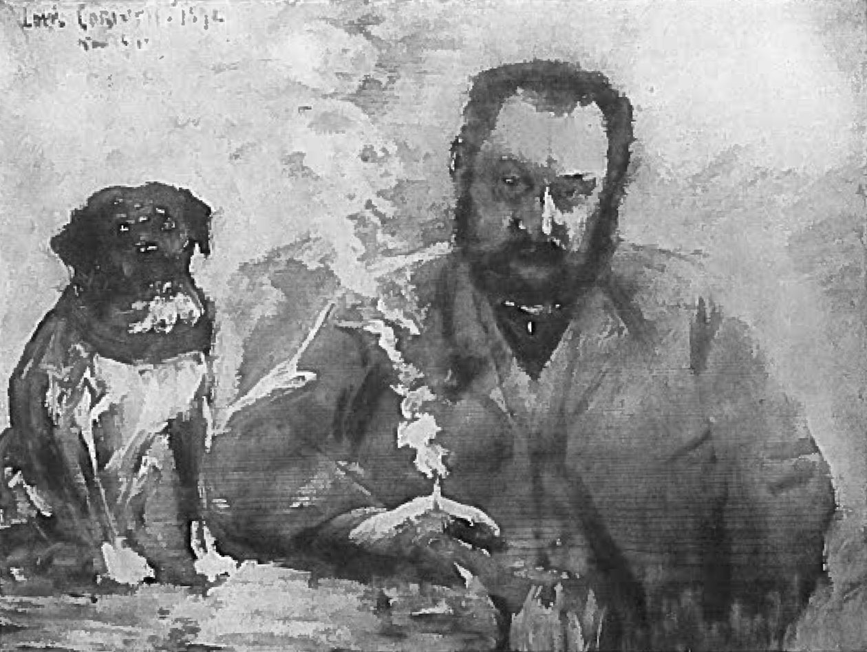  Herr am Tisch mit Hundn av Lovis Corinth