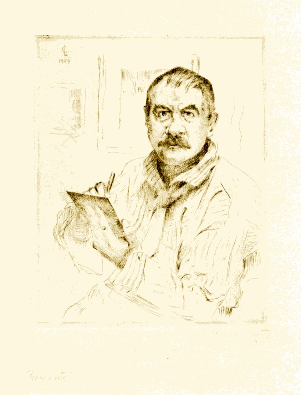  Selbstbildnis, radierendn av Lovis Corinth