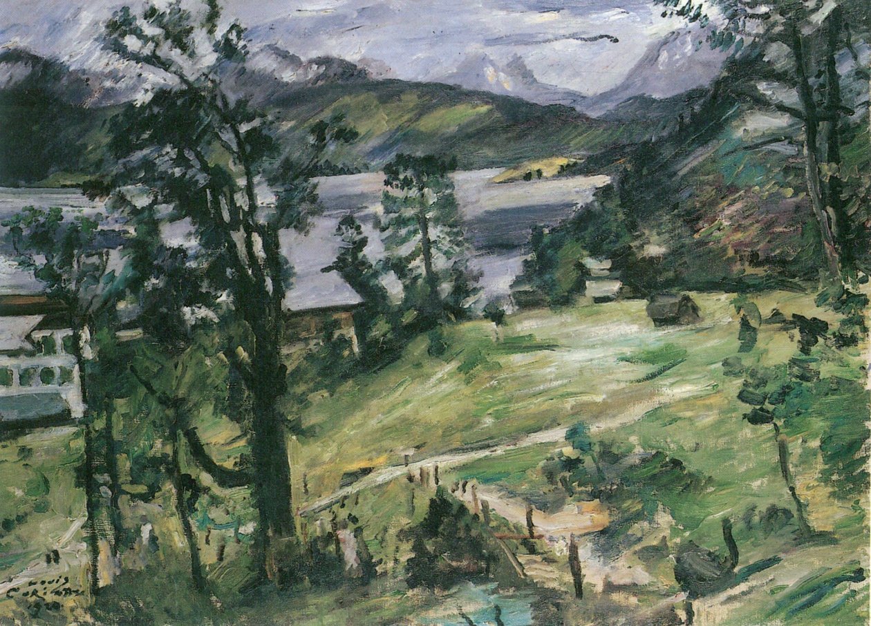 Landscape at the Walchensee with larch av Lovis Corinth