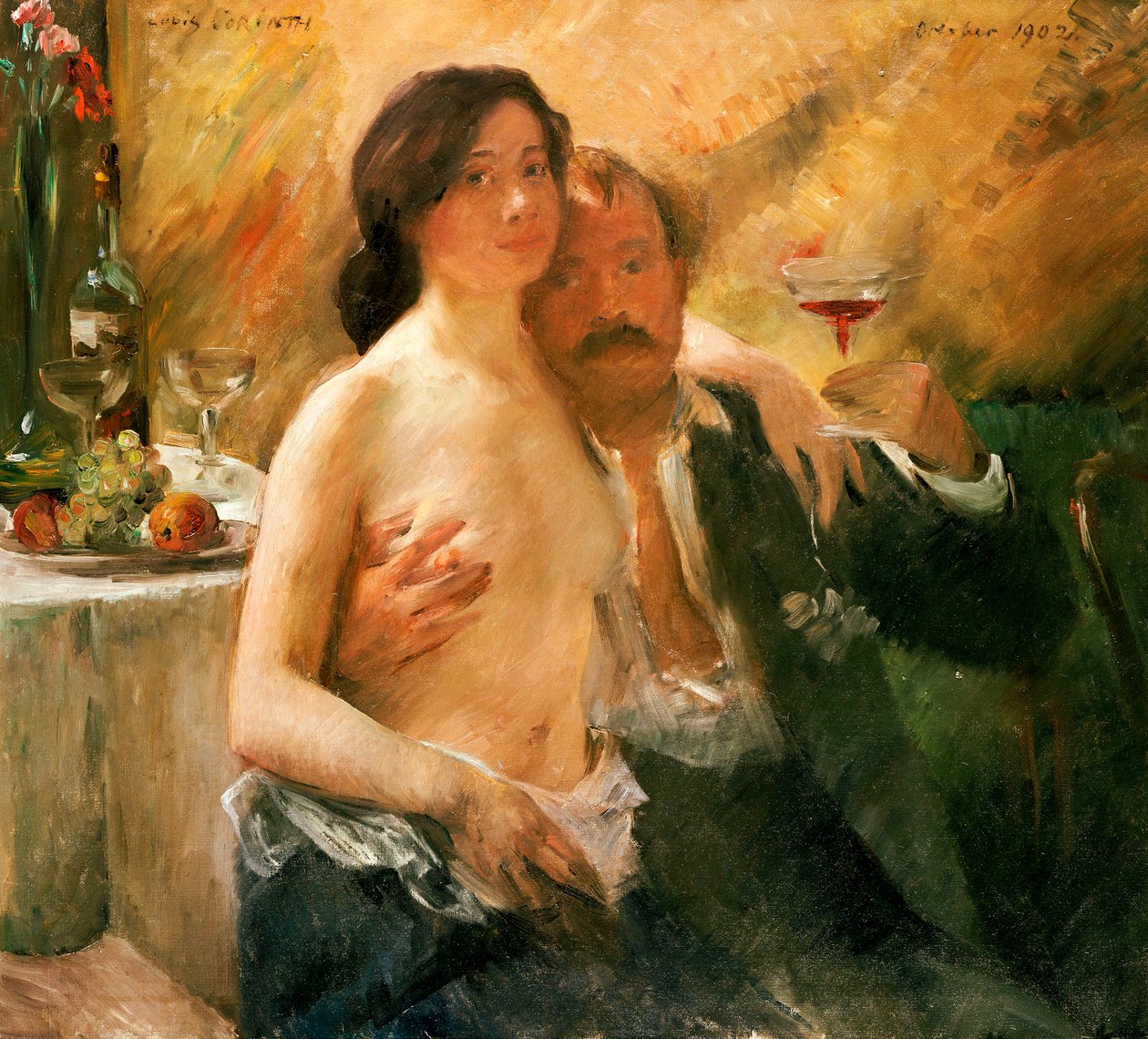 Självporträtt med naken kvinna och glas av Lovis  Corinth
