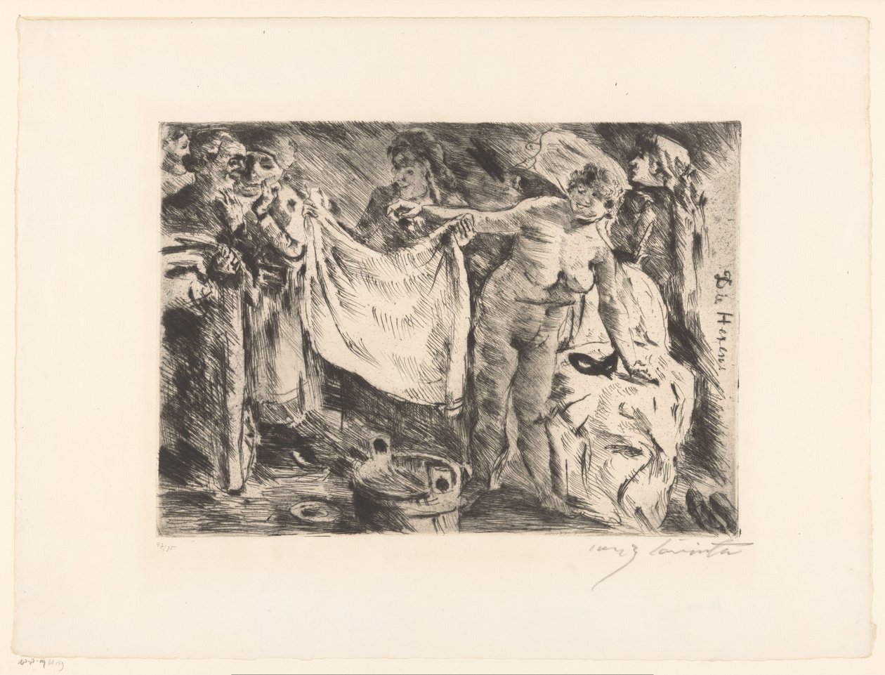 Grupp kvinnor, en naken och en annan håller upp ett tyg Die Hexen (titel på objekt) av Lovis Corinth (signed by artist)