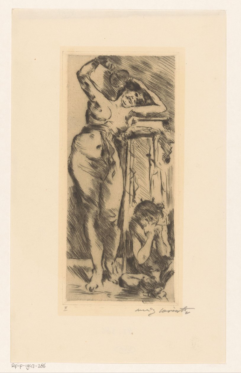 Naken kvinna med solfjäder i handen och en hukad figur till höger om henne av Lovis Corinth (signed by artist)