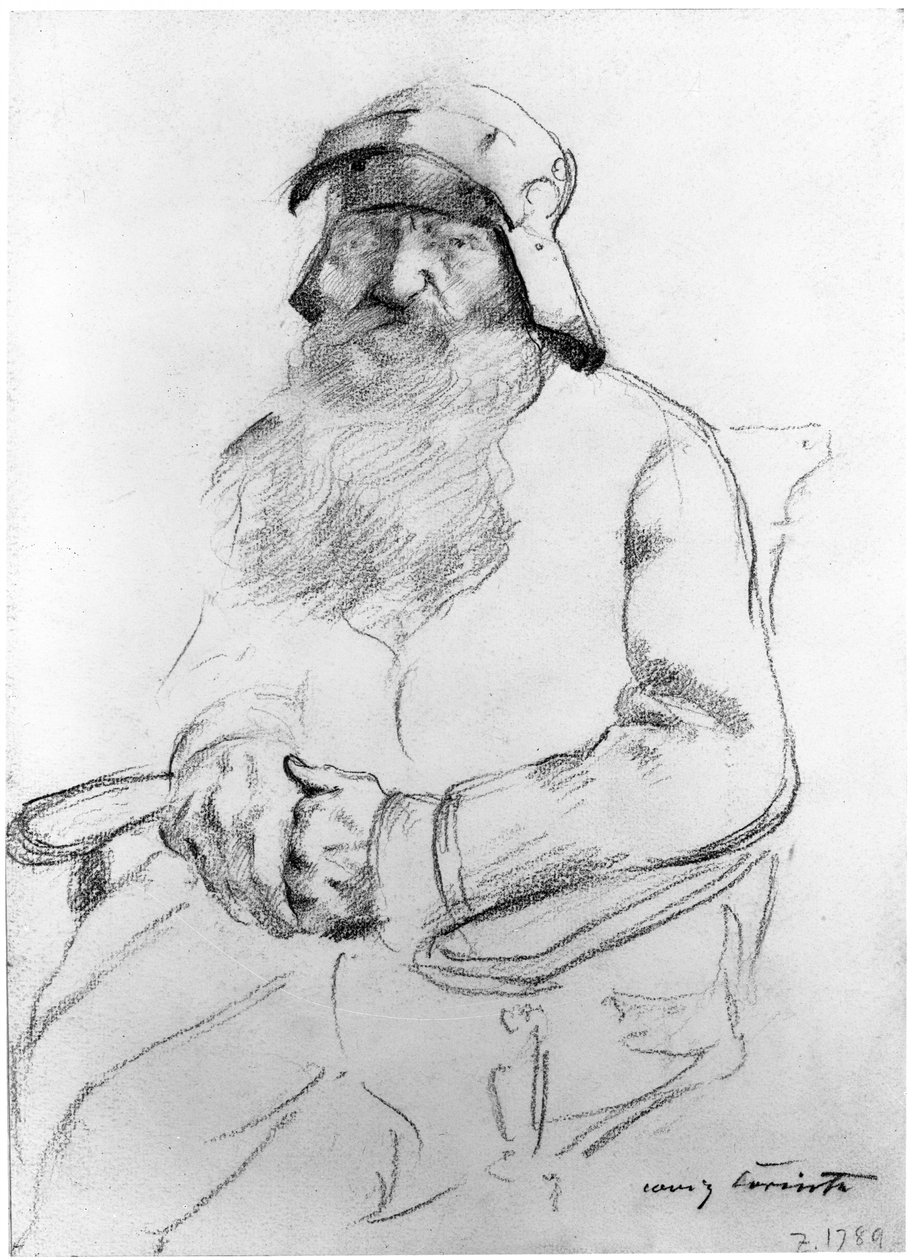 Sittande skäggig gammal man med en hjälm från 1500-talet, sedd framifrån (studie till Götz von Berlichingen) av Lovis Corinth