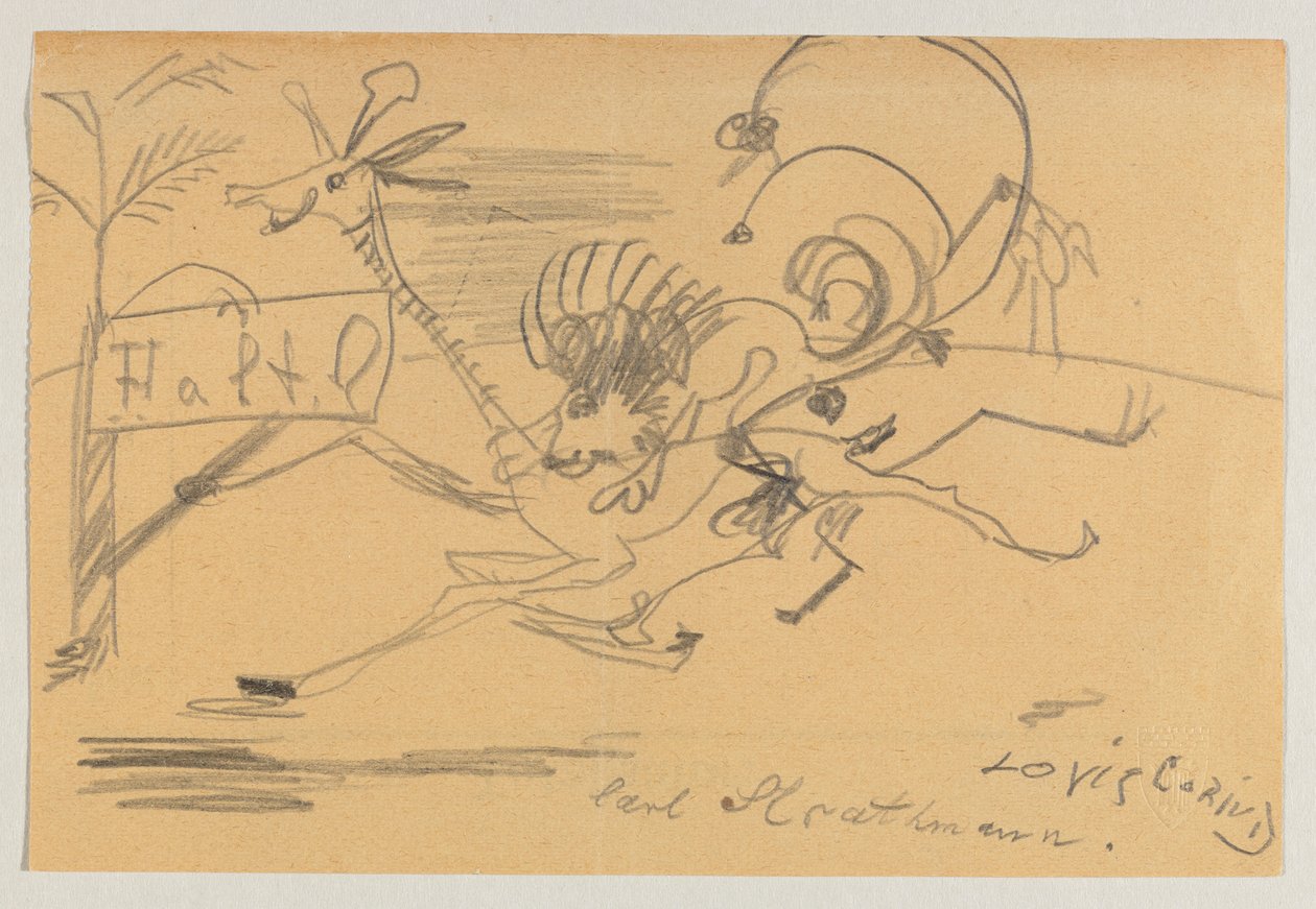 Ritning på tryckt papper av Corinth till Strathmann av Lovis Corinth