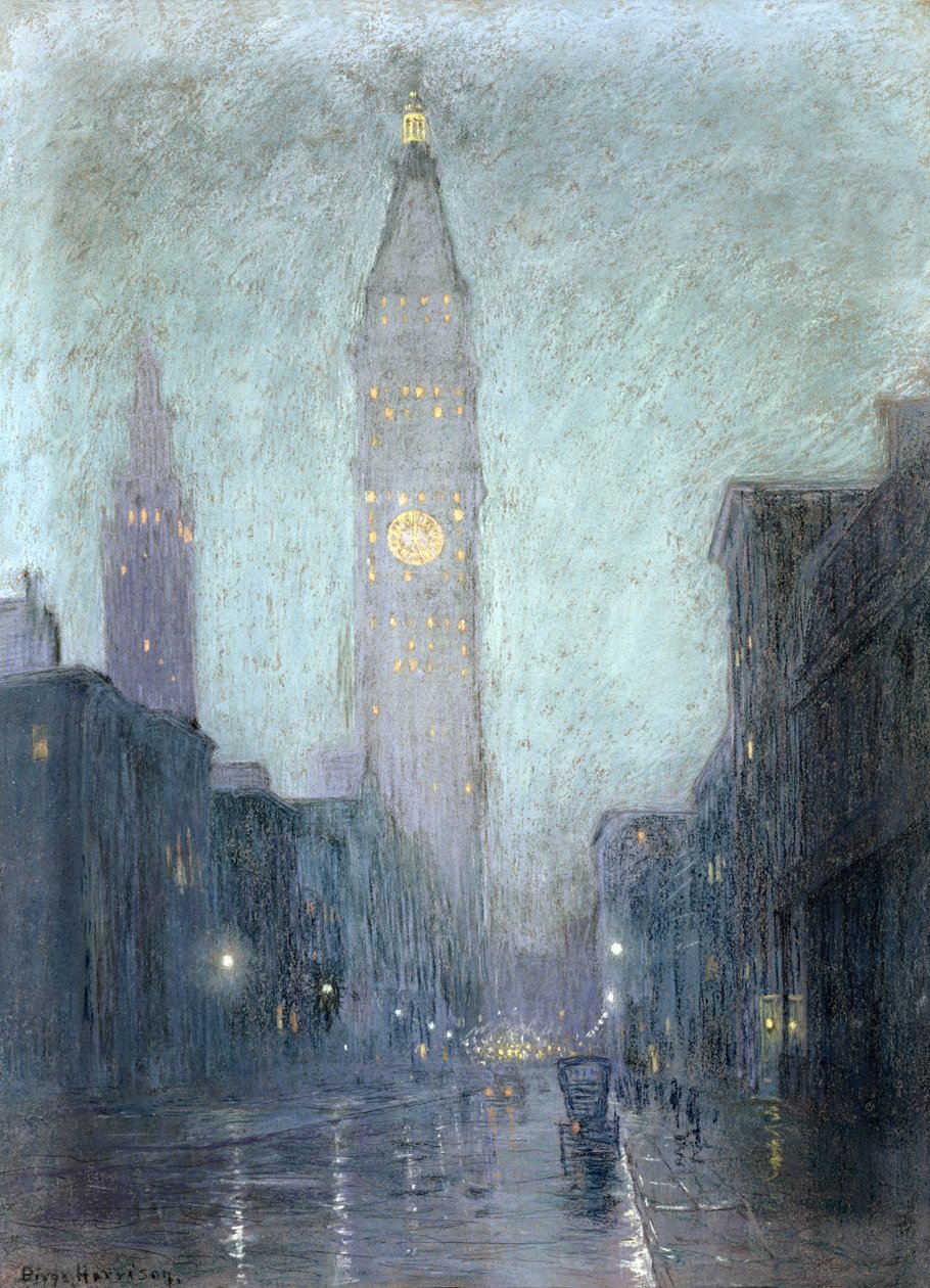 Madison Avenue at Twilight (pastell på brunt papper) av Lowell Birge Harrison