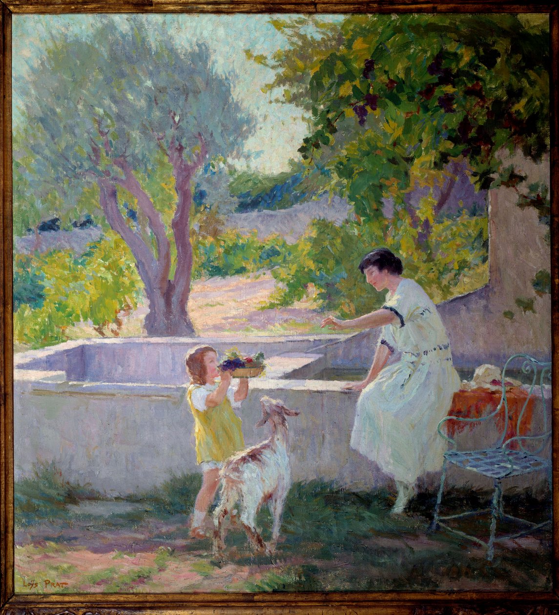 Madame Prat och hennes dotter i trädgården med den lilla geten Målning av Joseph Loys Prat (1879-1934), 1900-talet. Borgmästare i Donzere. av Loys Prat