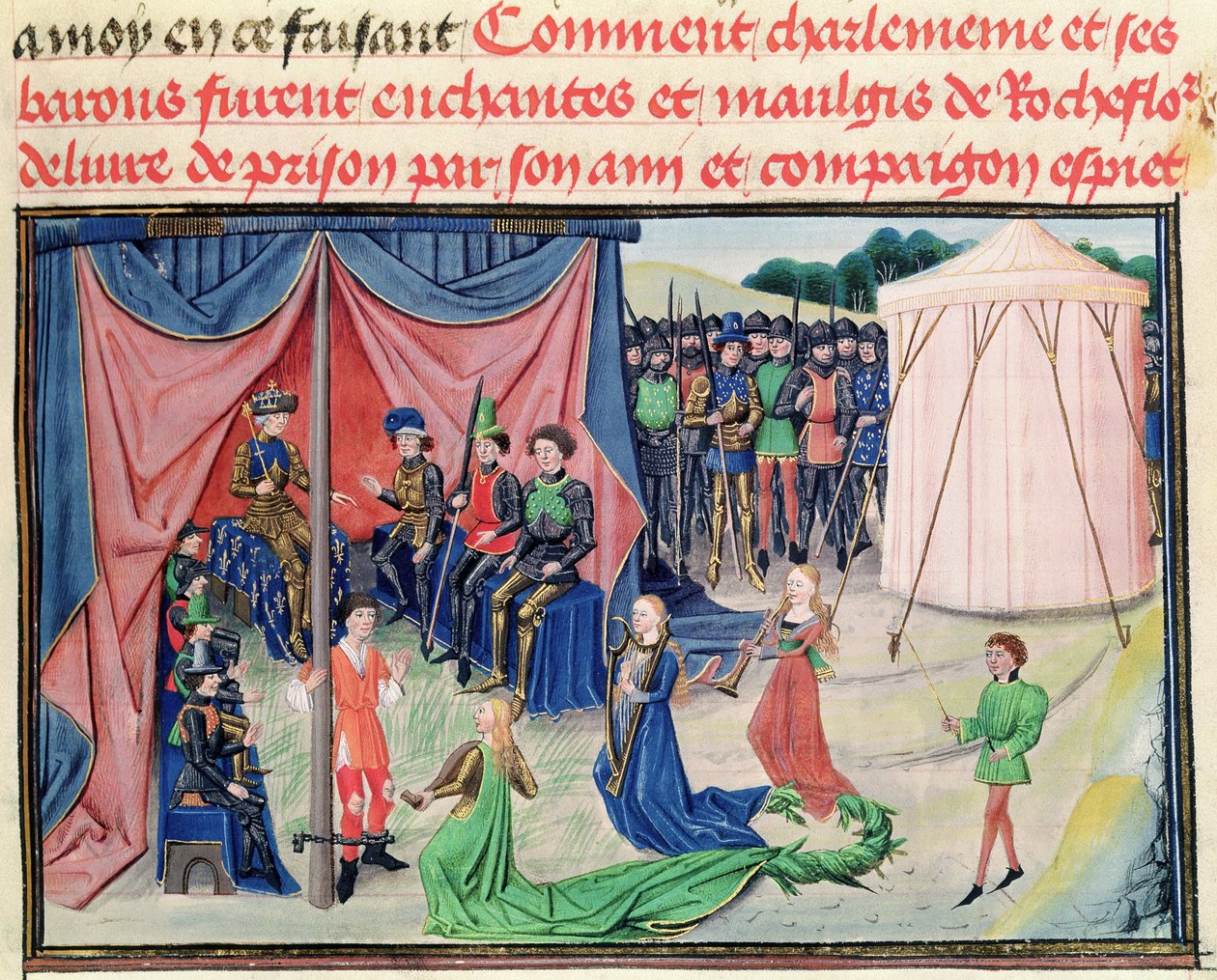 Ms 5072 f.233v Karl den Store och hans baroner förtrollas, från Renaud de Montauban-cykeln av Loyset Liedet