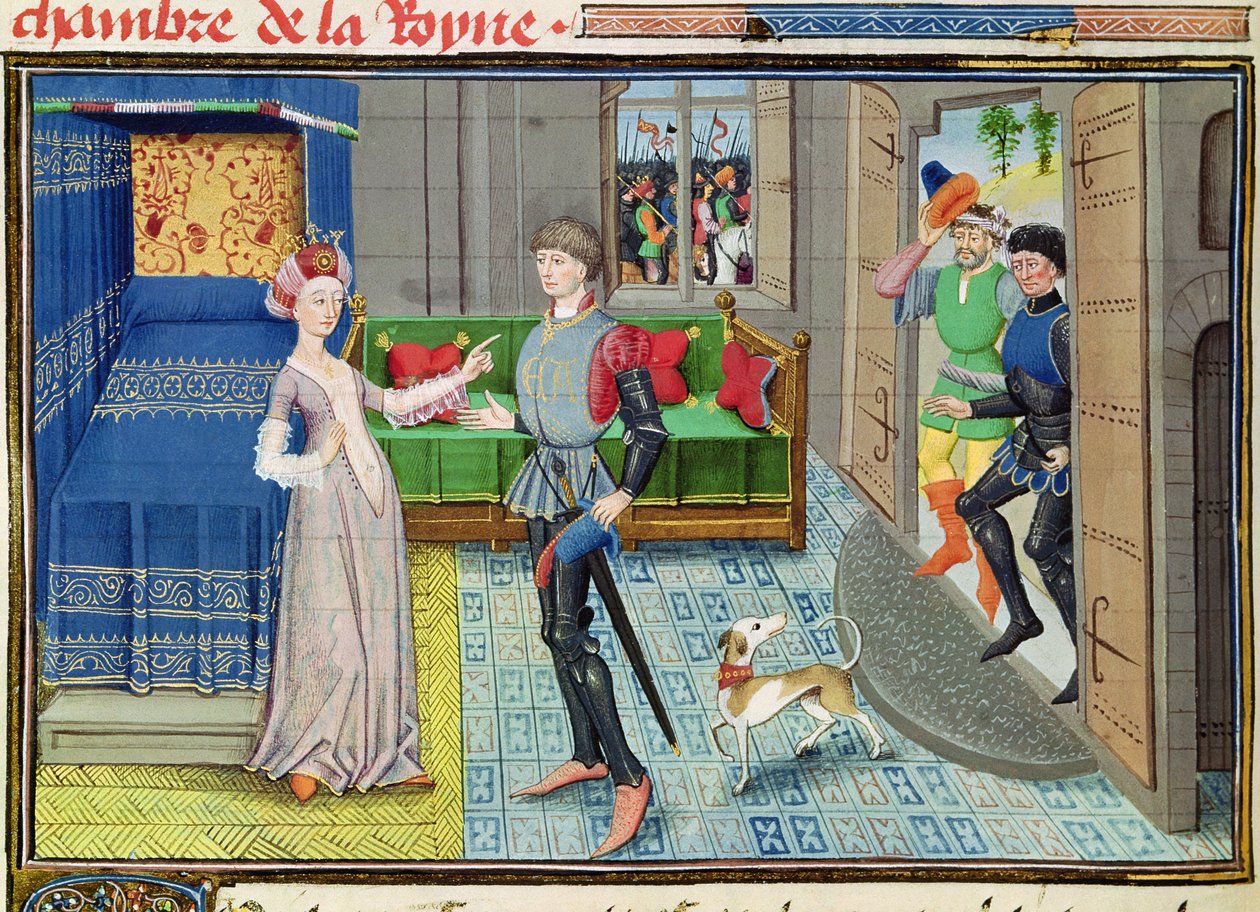 Ms 5072 fol.130v Maugis av Aigremont och Isanne i drottningens sovrum, från Renaud de Montaubans cykel av Loyset Liedet