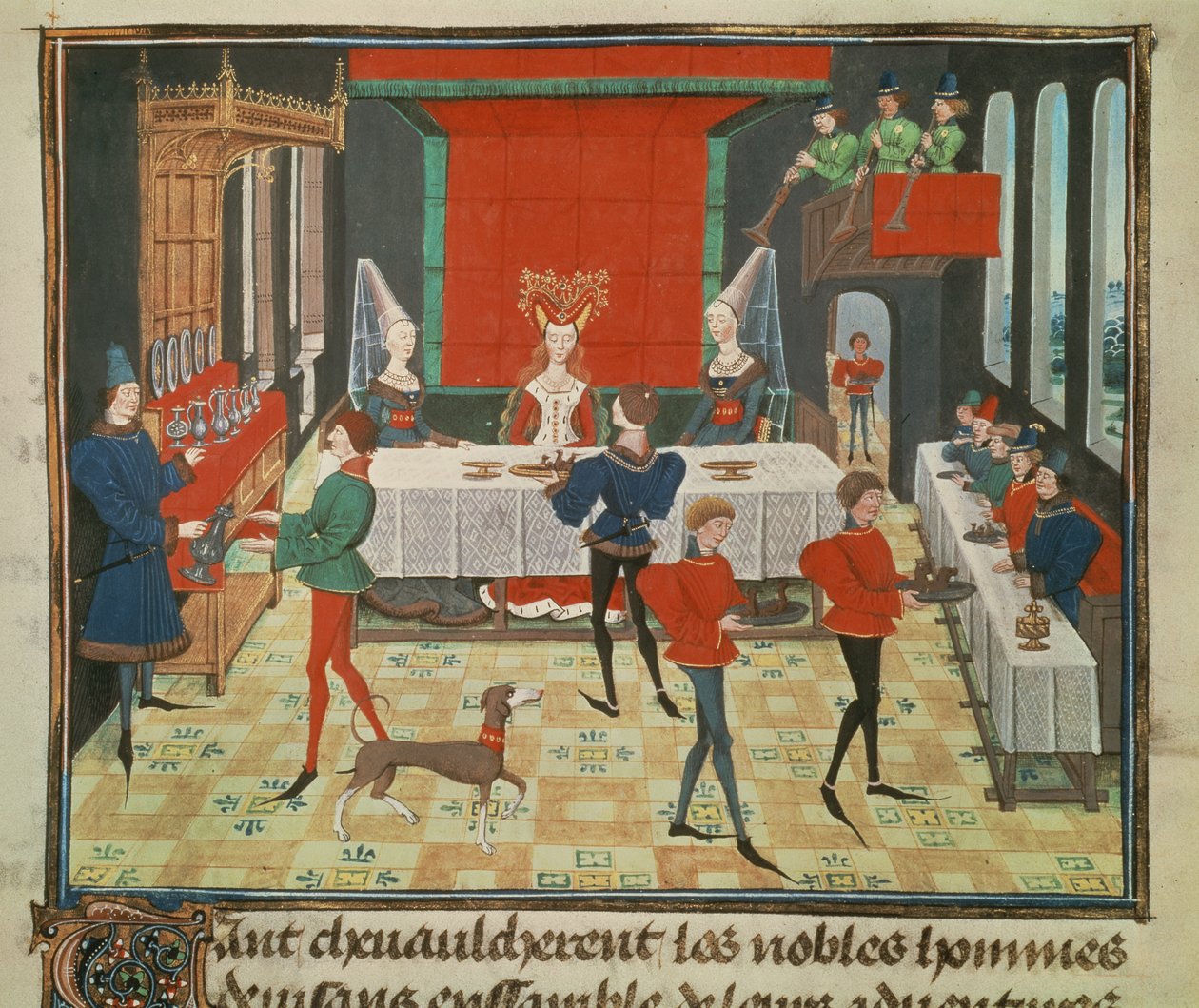 Ms 5073 f.140v Bordsservering av en dam av kvalitet, från Renaud de Montauban-cykeln av Loyset Liedet