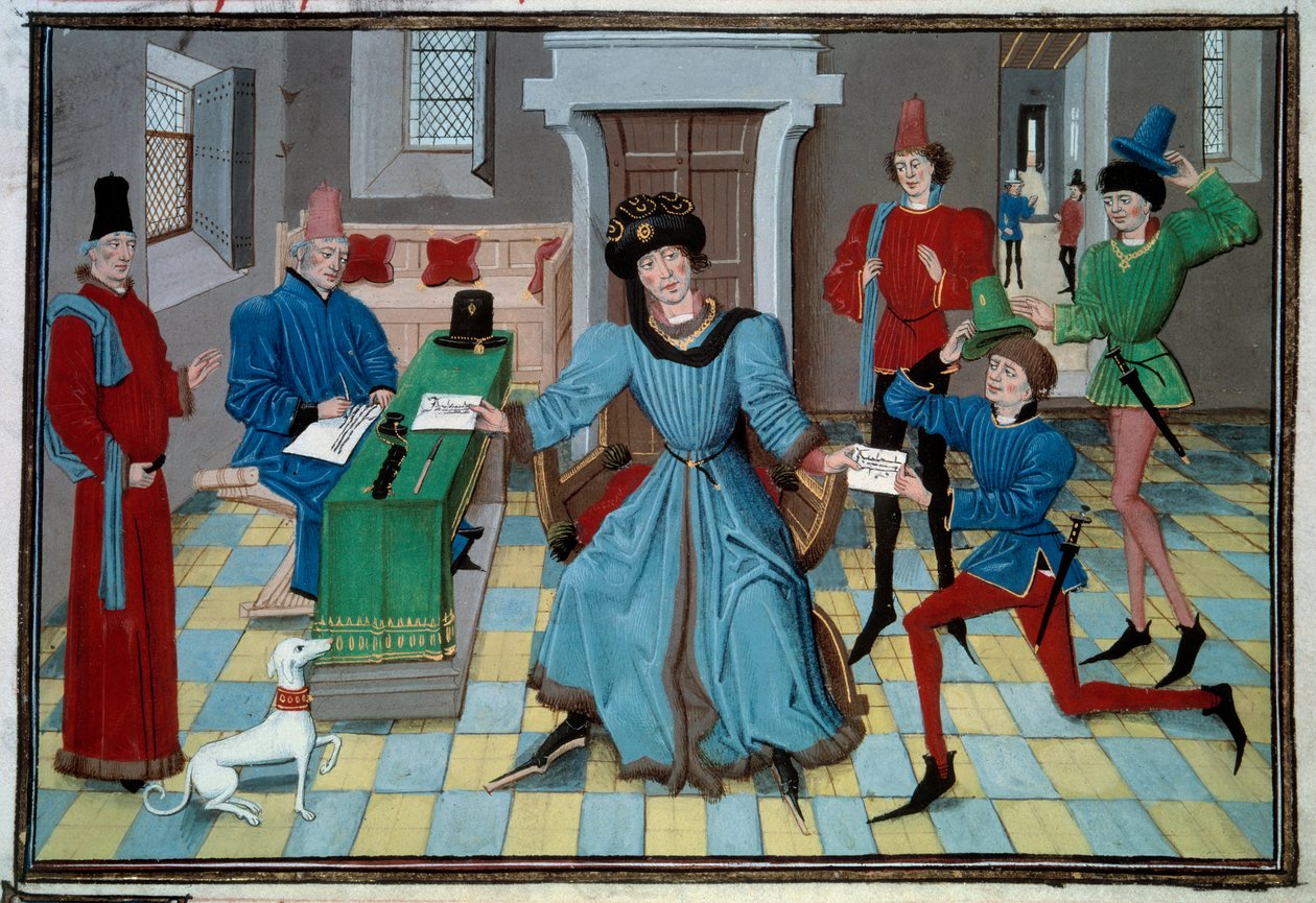 Ankomst av en miniatyrbudbärare från manuskriptet "Renaud de Montauban" eller "Les quatre fils Aymon" av Loyset Liedet (aktiv mellan 1448 och 1478). Ms 5073. 1400-talets Bibliotheque de l