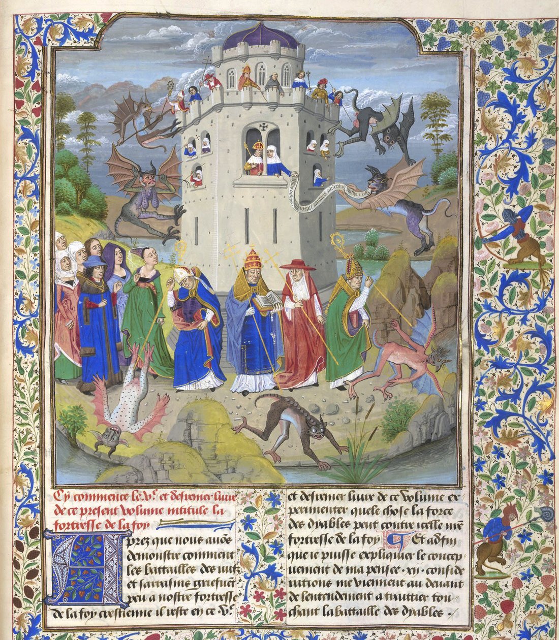 Trons fästning Miniatyr av de heliga Gregorius, Augustinus, Hieronymus och Ambrosius kämpar mot demoner, sent 1400-tal. av Loyset Liedet
