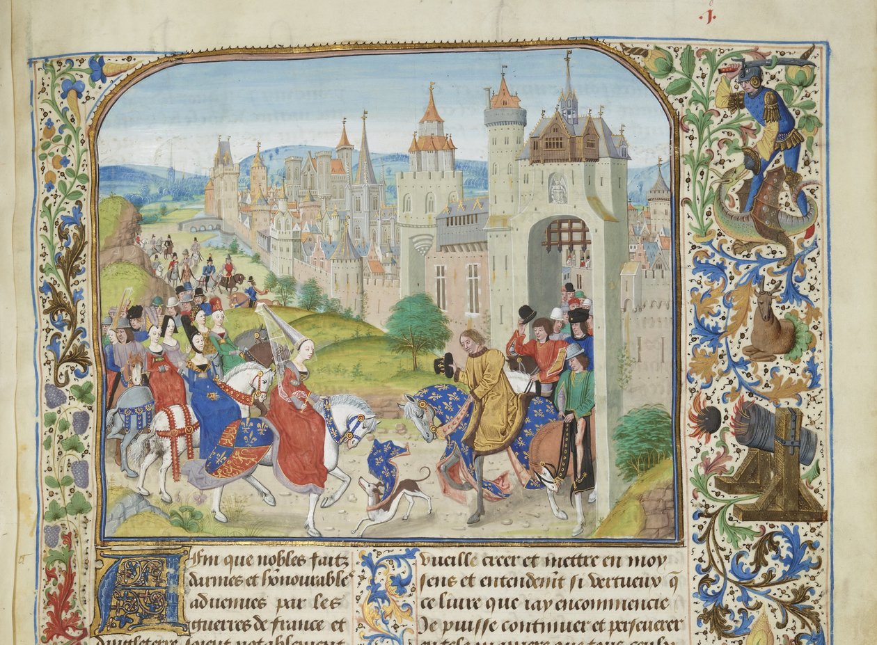 Isabella av Frankrike välkomnades av sin bror Karl IV till Paris, ca 1470-1475. av Loyset Liedet