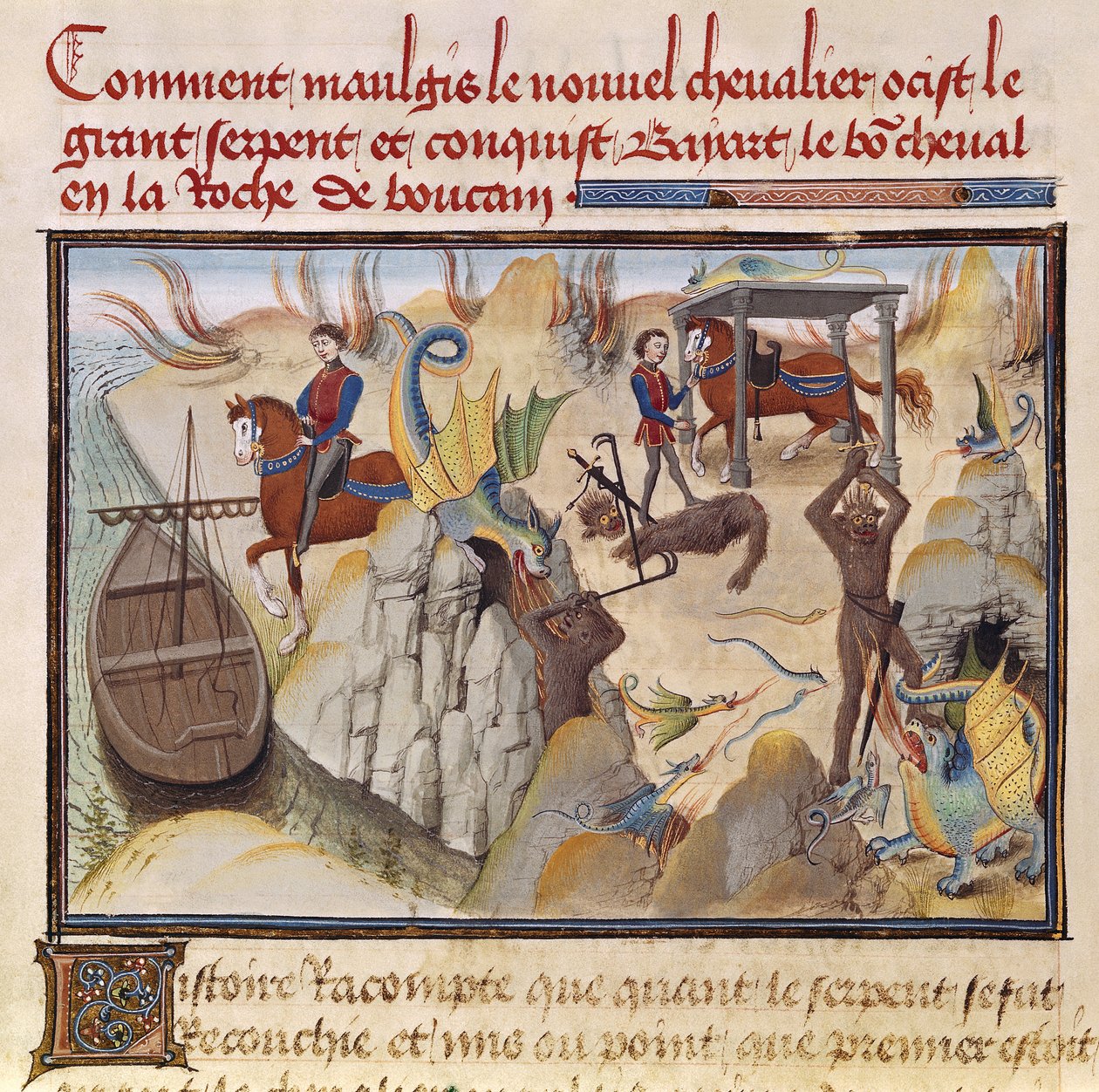 Ms 5072 fol.37v Maugis Fighting the Serpent and Gaining the Enchanted Horse, Bayard, från Renaud de Montauban-cykeln av Loyset Liedet