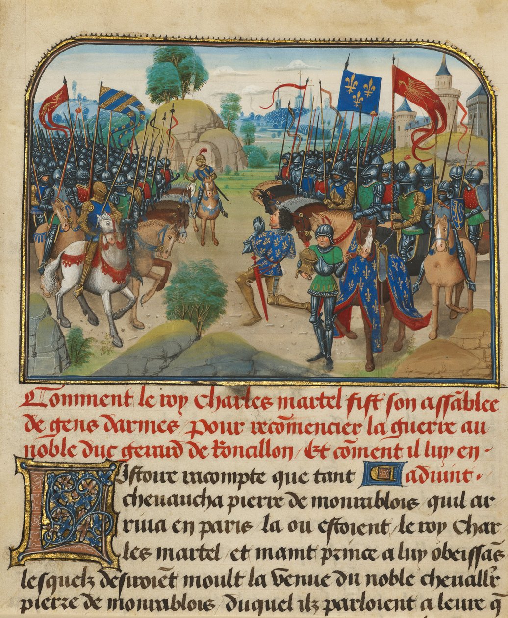 Frankrikes och Bourgognes arméer med Martel i bön av Loyset Liedet