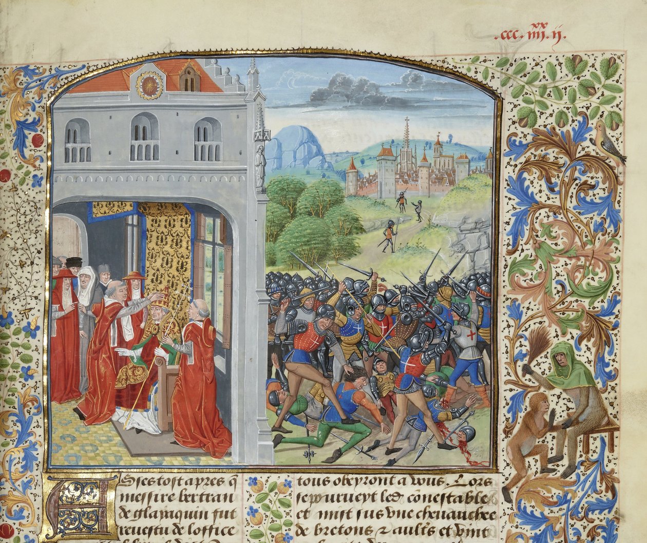 Krönandet av påven Gregorius XI och slaget vid Pontvallain, 1370, ca 1470-1475. av Loyset Liedet