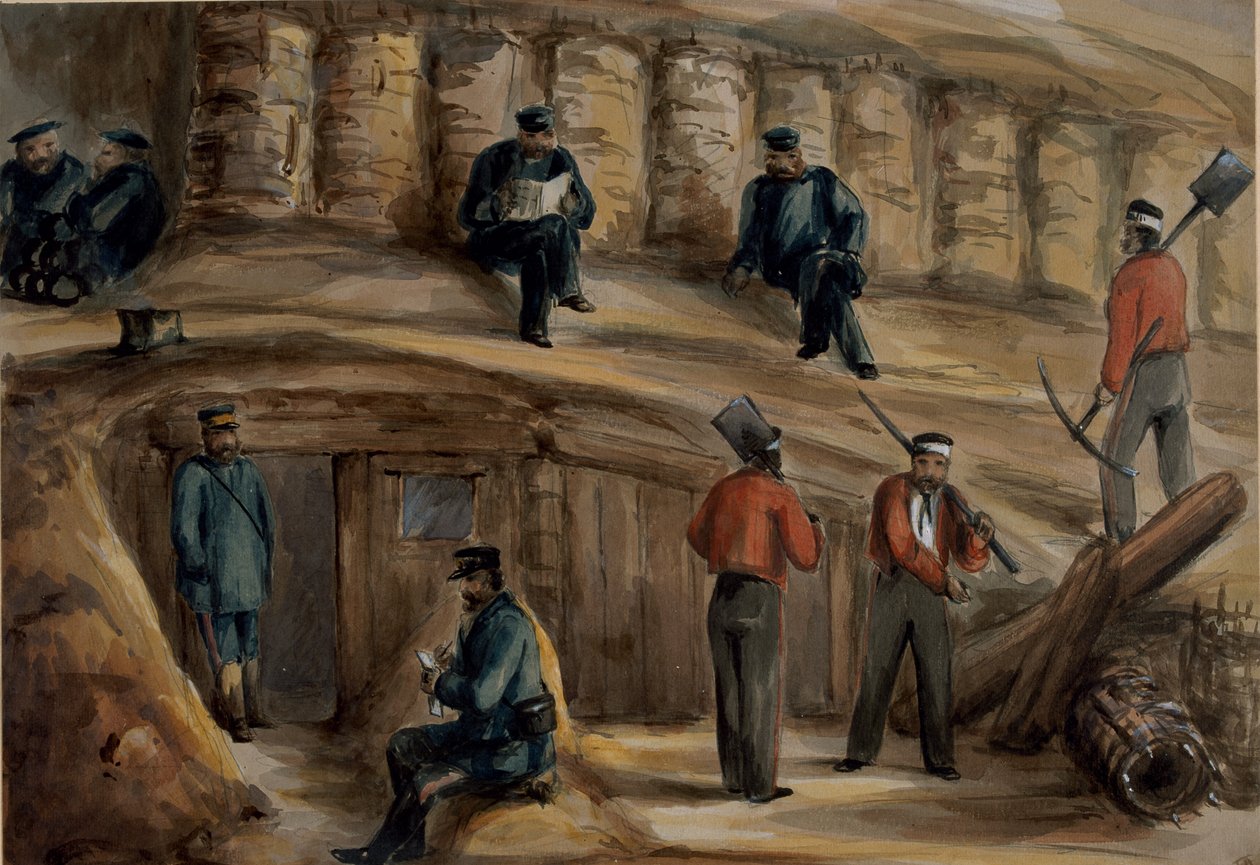 Gunners från Royal Regiment of Artillery vilar i skyttegravarna i Sebastopol, ca 1855 av Lt. Henry James Alderson