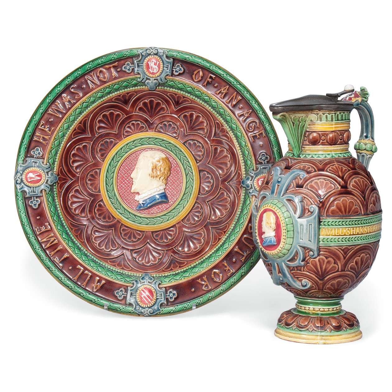 En Minton majolica ewer och stativ av Ltd Mintons