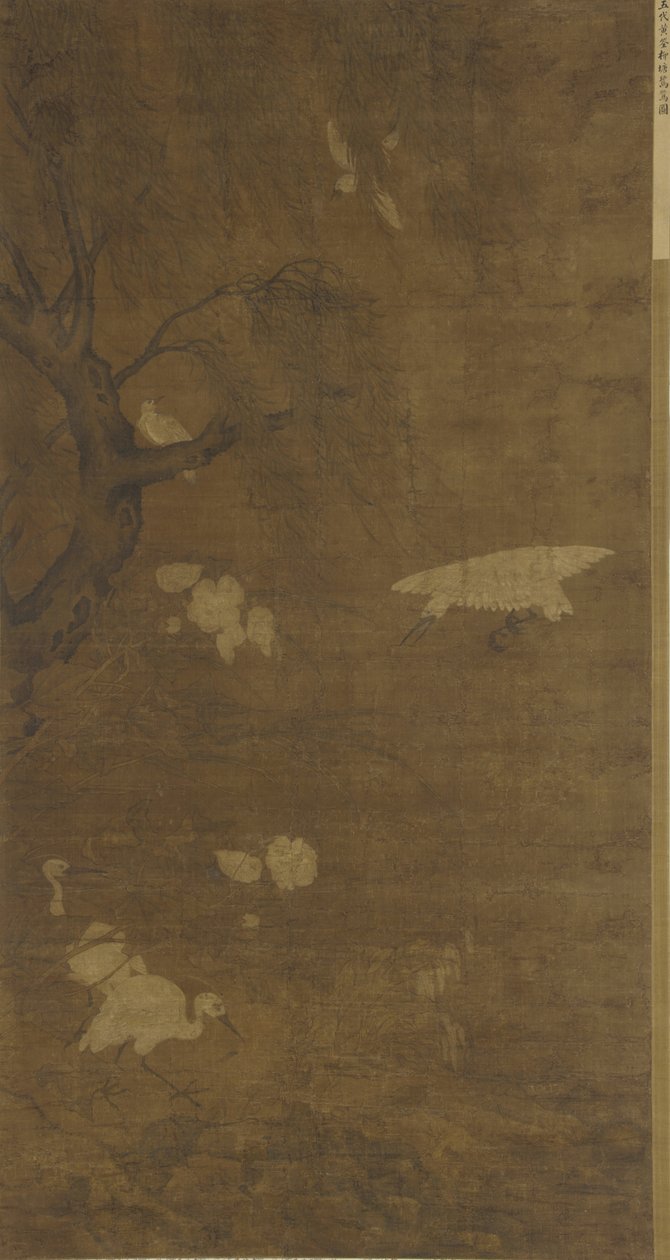 Fåglar, pilträd och blommor, Mingdynastin, 1400-1500-talet (bläck och färg på siden) av Lu Ji
