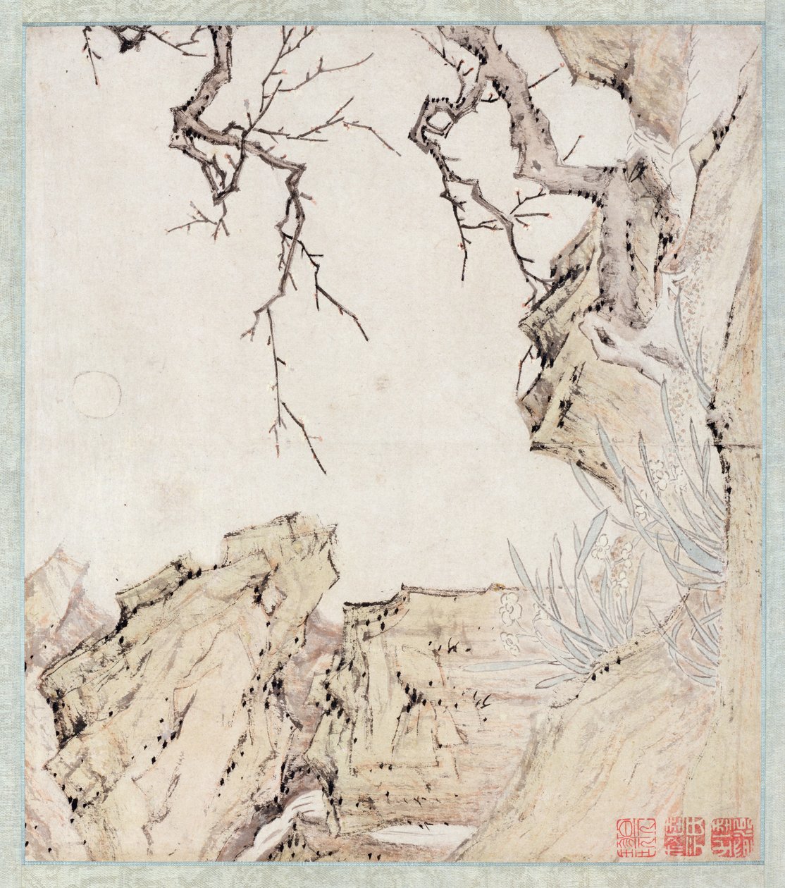 Narcissus, plommonträd och landskap (bläck & färg på papper) av Lu Zhi
