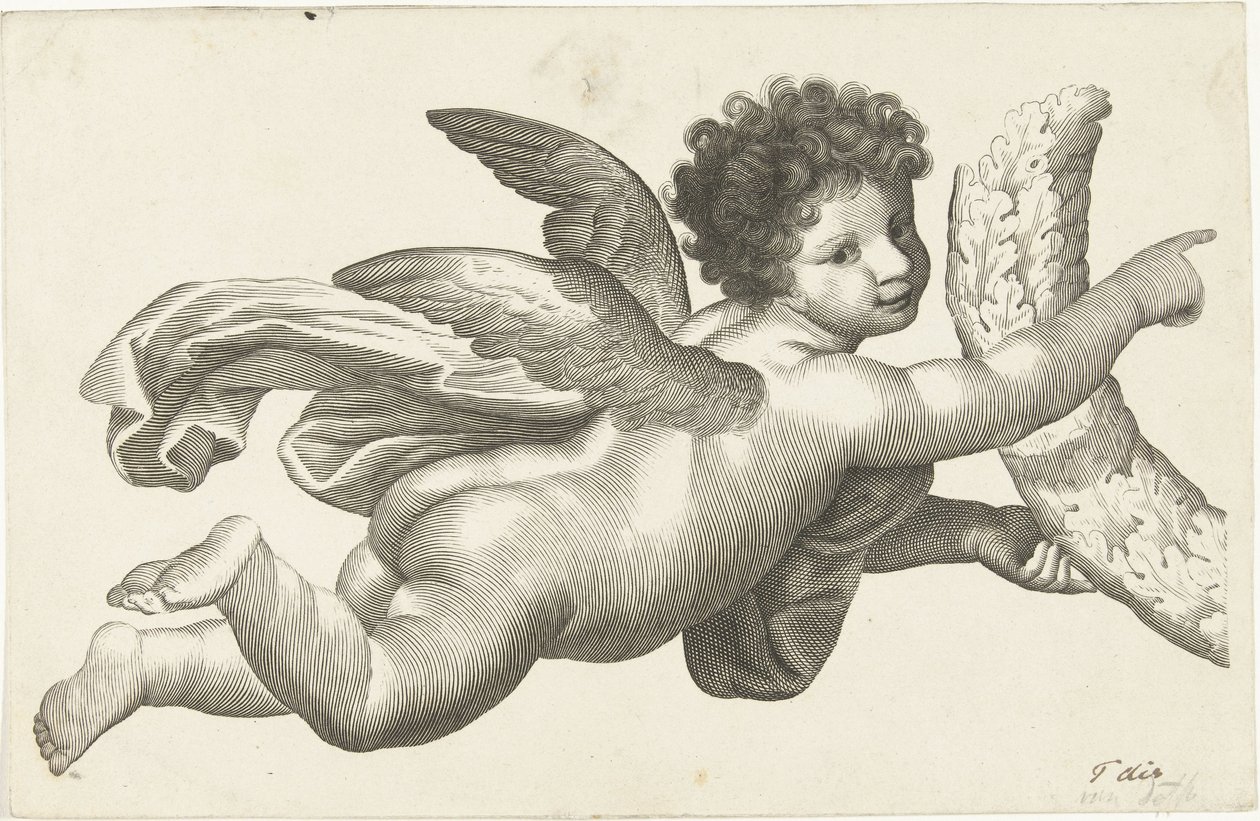 Flytande putto med krans av Lubertus Teunis van Deth