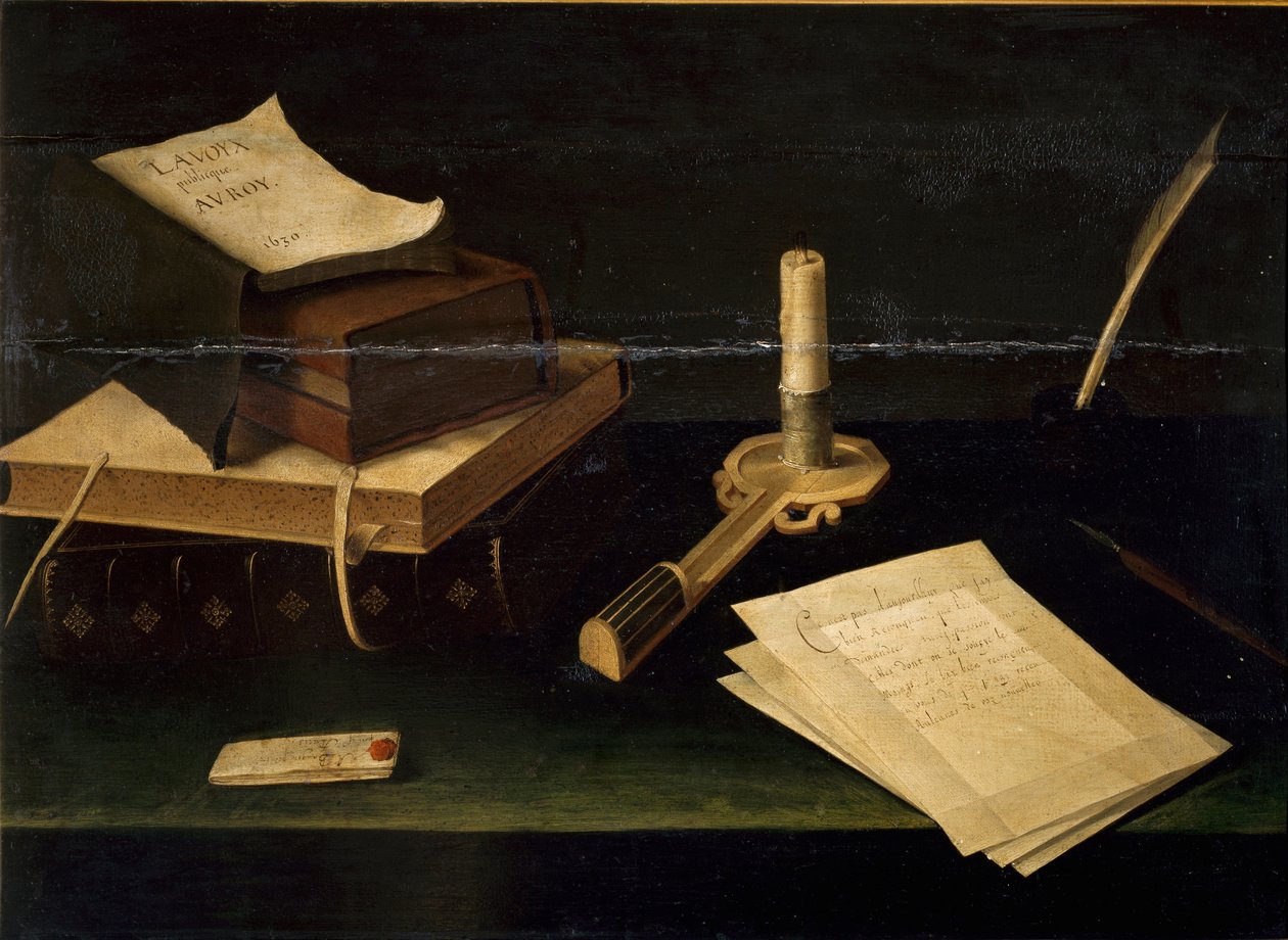 Stilleben av böcker, fjäder, brev och ljusmålning av Lubin Baugin (1610-1663) 1600-talets Rom Galleria Spada av Lubin Baugin
