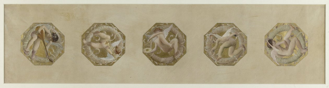 Skiss till Hôtel de Ville de Paris, Festtrappan: Génies portant des attributs de fête, debuten 1888 (olja på papper) av Luc Oliver Merson