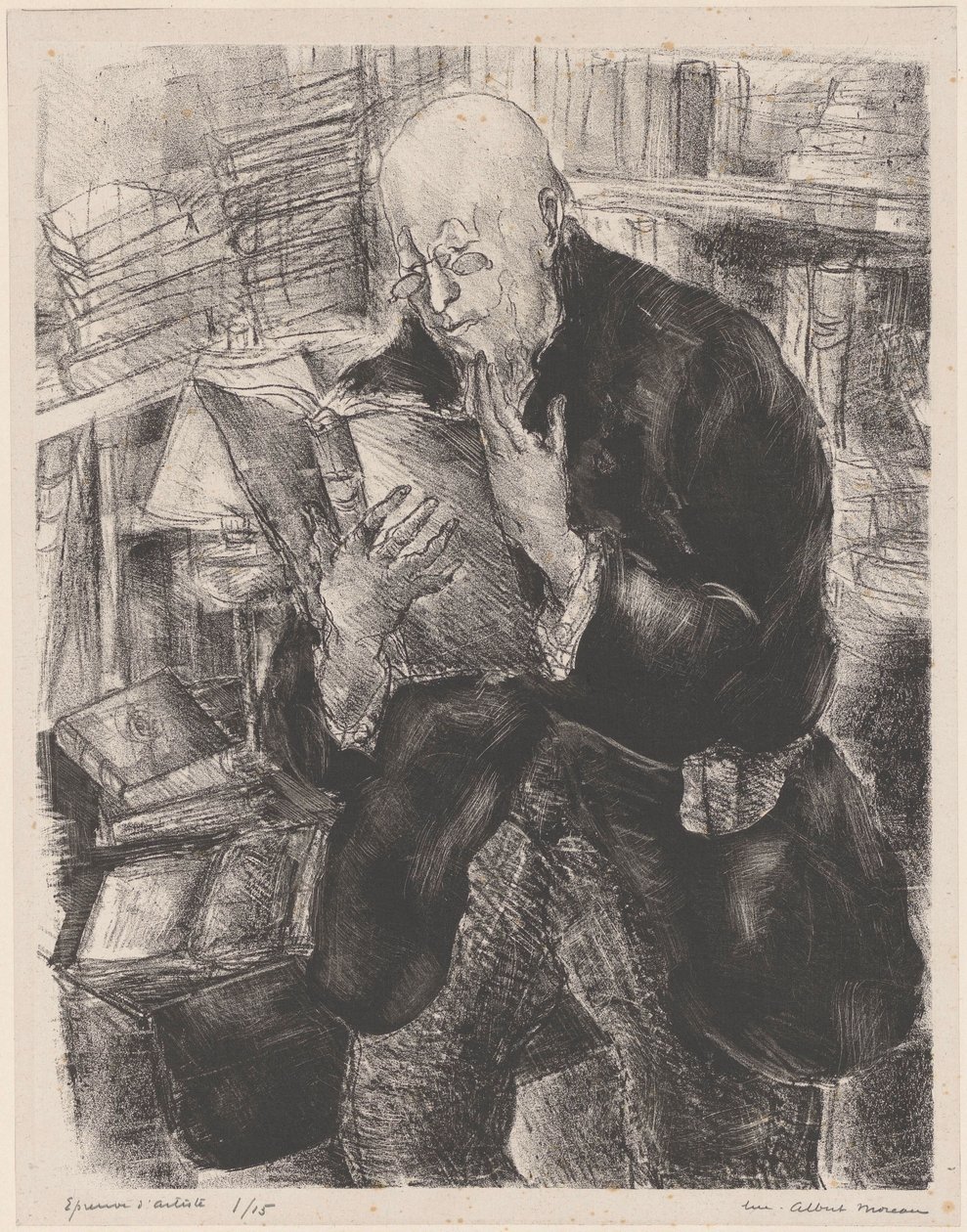 Man läser i ett bibliotek av Luc Albert Moreau (signed by artist)
