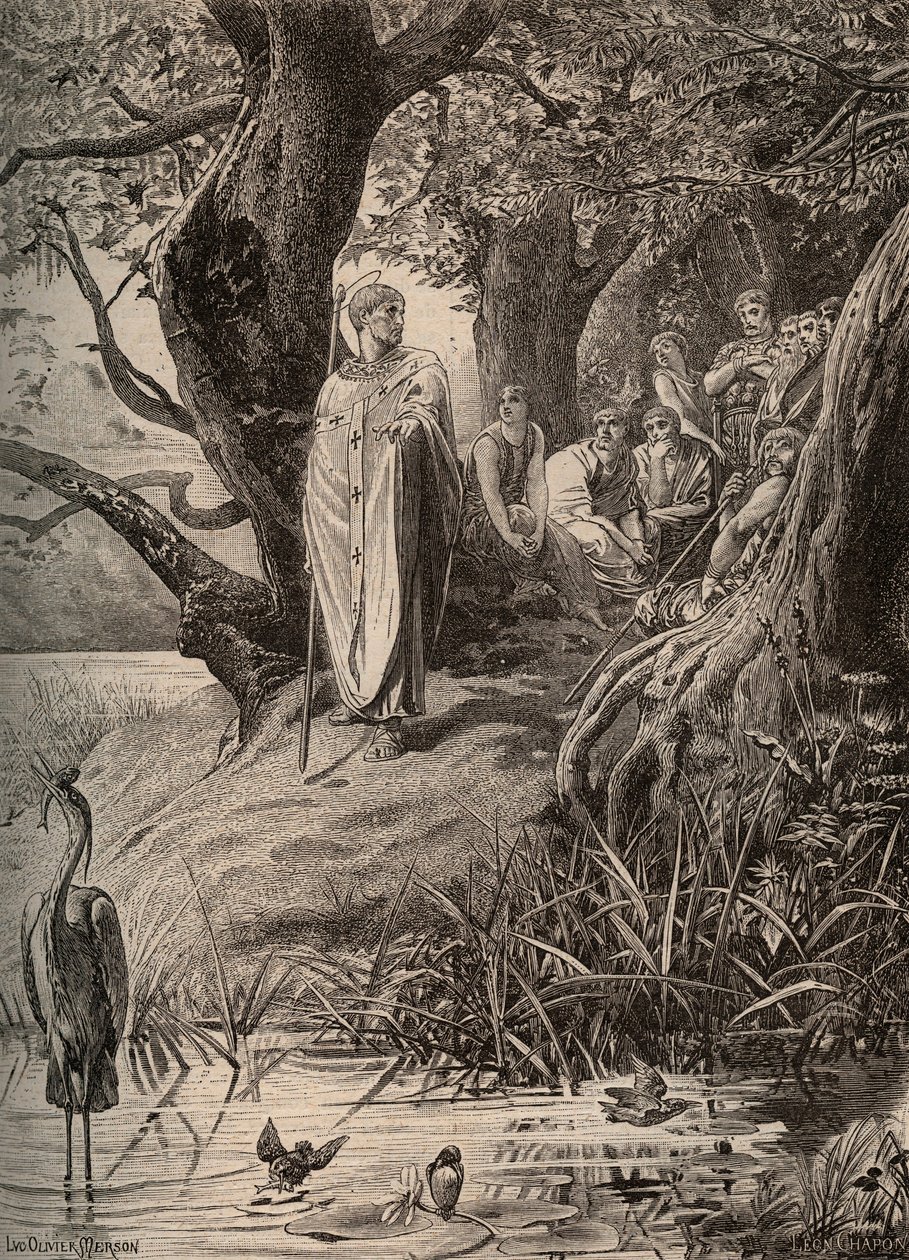 Ursäkt för fiskefåglarna, berättar av Saint Martin för invånarna vid Loires stränder - gravyr av Luc Olivier Merson (1846-1920) av Luc Oliver Merson