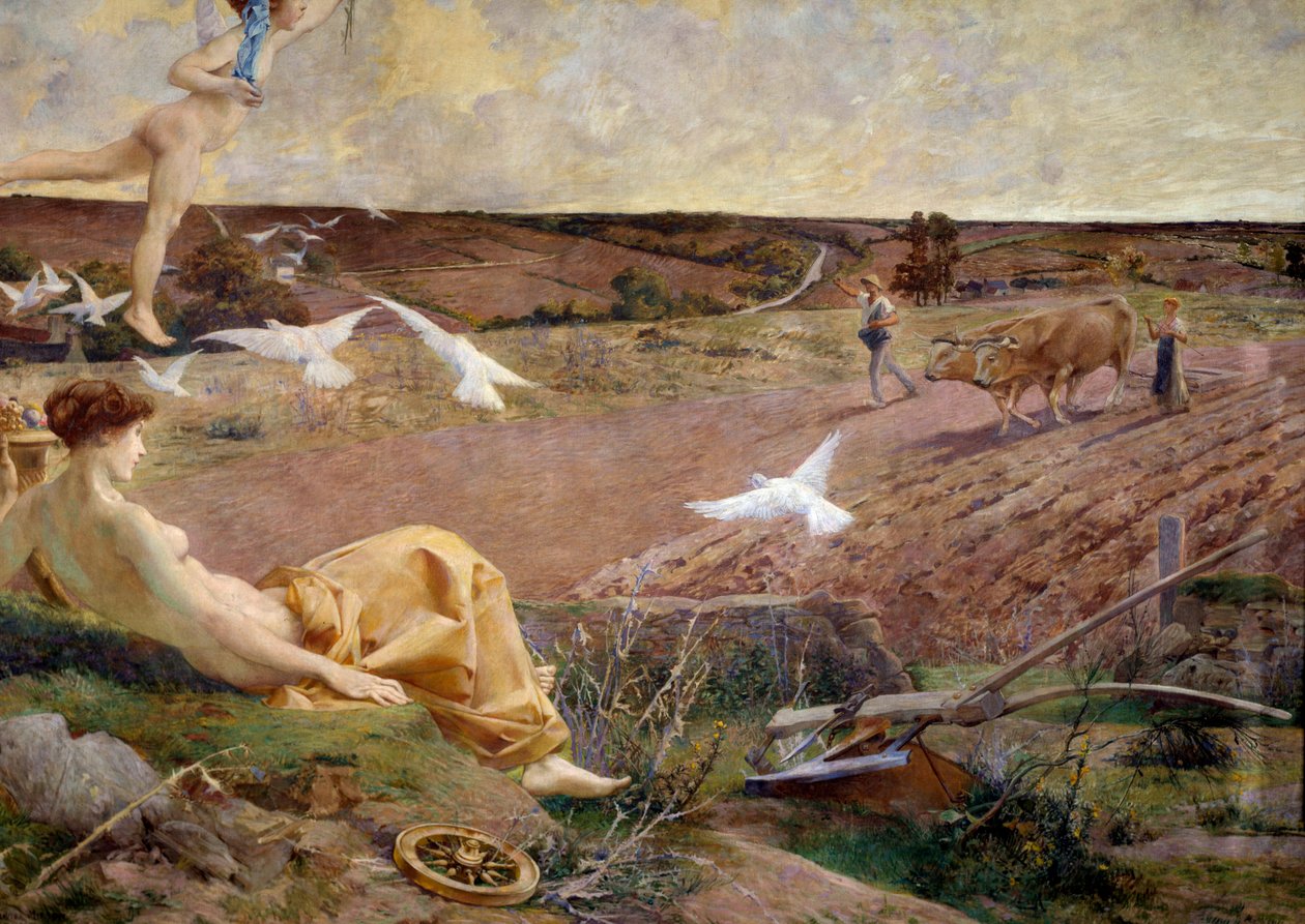 Fortune allegorisk representation av överflöd och fertilitet. En bonde som plöjer sin åker i bakgrunden. Detalj. Måla maroufle på gips av Luc Olivier Merson (1846-1920) 1901 sön. 2,22x2,9 m Paris, musee d
