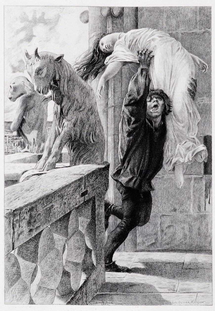 Quasimodo ableve Esmeralda - i "Notre Dame de Paris"" av Victor Hugo av Luc Olivier Merson, graverad av Gery Bichard, ed. E. Testard, Paris av Luc Oliver Merson